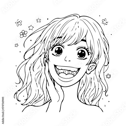 Whimsical manga illustration of a cheerful girl surrounded by floating floral and star elements