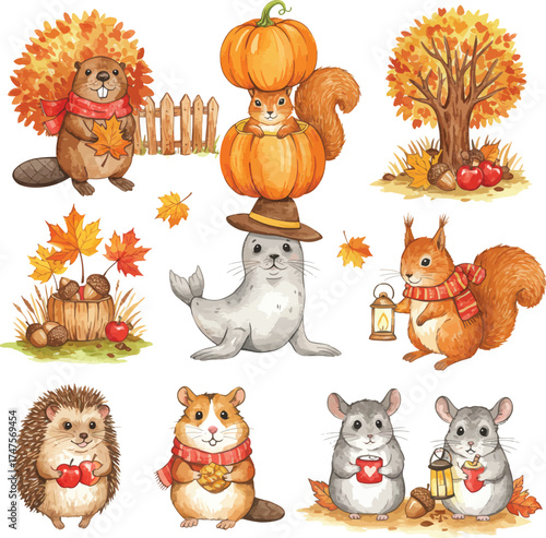 Charming autumn animals with pumpkins and leaves adorable fall season characters