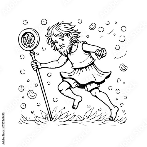 Whimsical monochrome character illustration, a bearded figure holding a magical staff amid