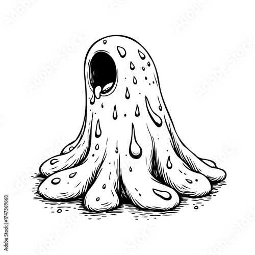 Whimsical monochrome illustration of a dripping spectral form with a cavernous void and whimsical