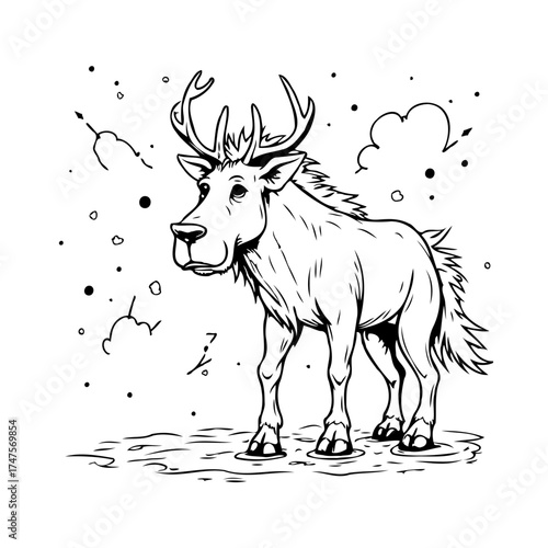 Whimsical reindeer sketch amidst delicate cloud formations and sporadic snowflakes creating a