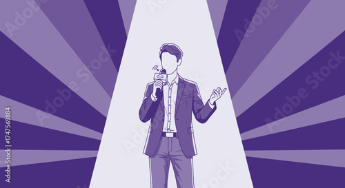 Presenter Stands Under Spotlight with Microphone Delivering A Speech Against A Purple Backdrop