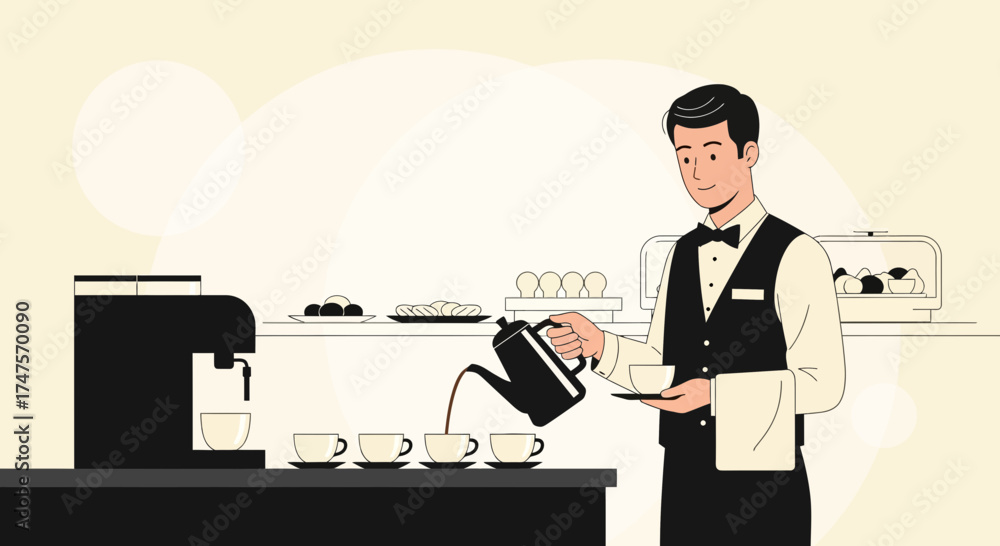 Fototapeta premium Professional Waiter Preparing Beverages for a Meeting in Minimalist Elegant Design