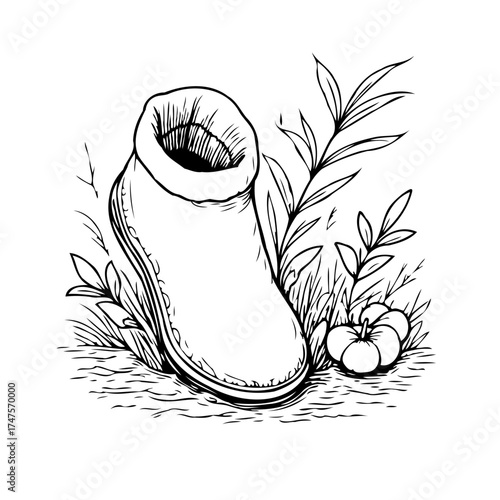 Whimsical single worn boot illustration amidst grassy foliage and a solitary round fruit on a