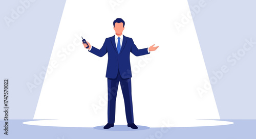 Professional Speaker Presenting With Microphone And Open Arms Demonstrating Expertise And Authority