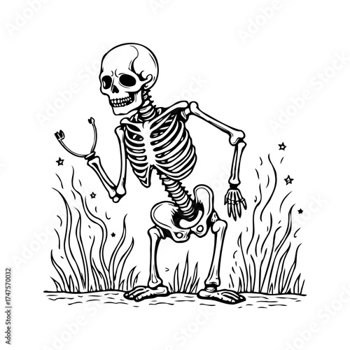 Whimsical skeletal figure emerges from sketched flames in a monochrome illustration depicting