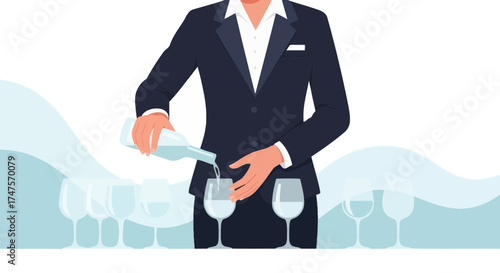 Professional waiter pouring water into a glass with other empty glasses in the background