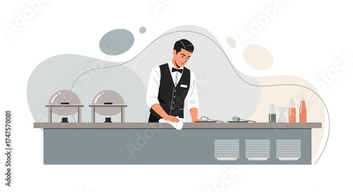 Professional Waiter Maintaining Buffet Area, Ensuring Cleanliness, Ready for Restaurant Service