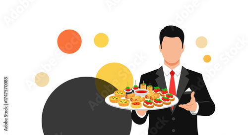 Professional Waiter Presenting Appetizers At An Event With Geometric Shapes Background
