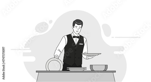 Professional Waiter Serving Food On Table At Restaurant In Minimalist Illustration