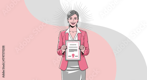 Professional Woman Displays Certificate, Achieving New Heights and Career Achievements Success
