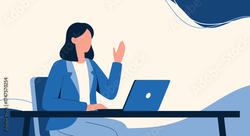 Professional Woman Engaged In Online Meeting Or Business Collaboration, Computer Screen Is Open