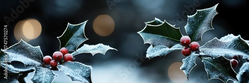 Close-up of frosted holly branches with red berries against a blurred dark background with bokeh lights, evoking a cold winter atmosphere