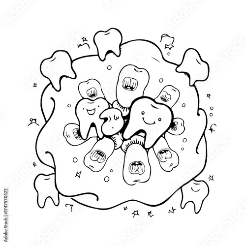Whimsical tooth characters gathered happily, a dental group illustration with charming expressions