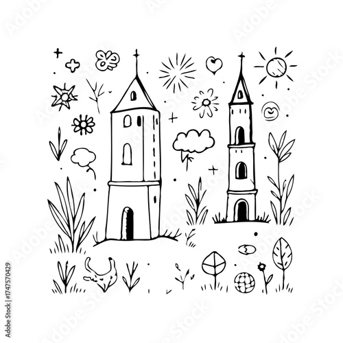 Whimsical towers amidst a hand drawn landscape evoking childhood fantasy illustration and