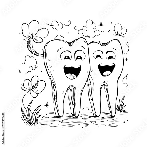 Whimsical toothy characters enjoying a day in a blossoming garden filled with fluffy clouds drawing