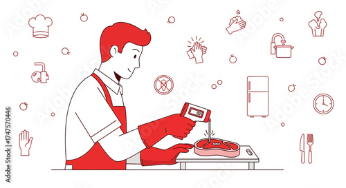 Professional Butcher Checking Steak Temperature in Preparation for Fresh Consumption