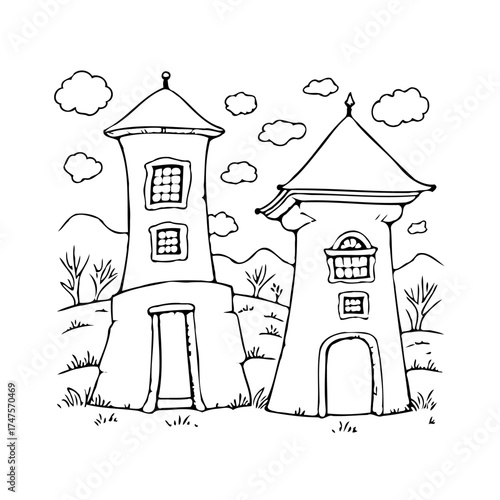 Whimsical twin towers landscape hand drawn illustration, fairytale architecture with clouds and