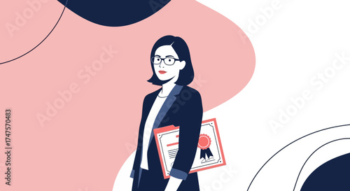 Professional Woman with Certification Holding Document in Simplified Illustration Style