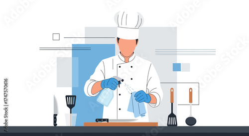Professional Chef Sanitizing Kitchen Tools For Cleanliness And Food Safety Procedures
