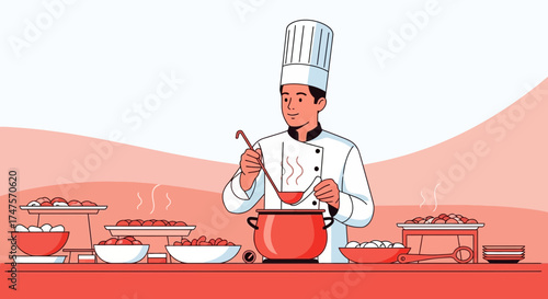 Professional Chef Serving Food From A Buffet Table, Culinary Art Presentation
