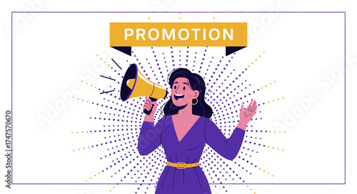 Promotion Announcement Illustration Featuring a Woman With a Megaphone Broadcasting Information
