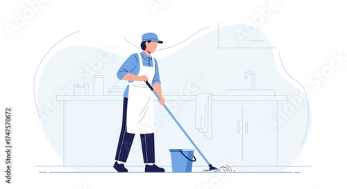 Professional Cleaner at Work, Illustrated, Mopping a Floor in the Kitchen Everyday Scene