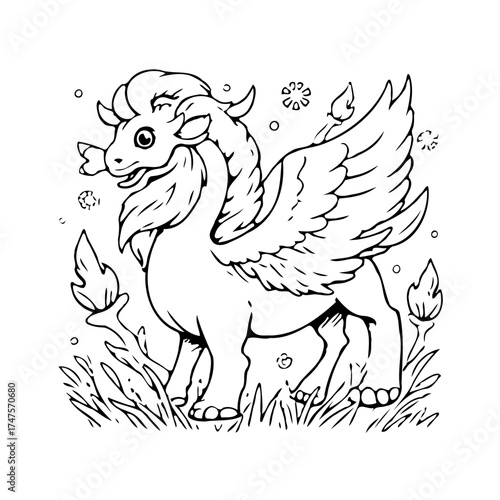 Whimsical Winged Creature in Grassy Meadow Awaiting Color Awaits Artistic Hands for Life