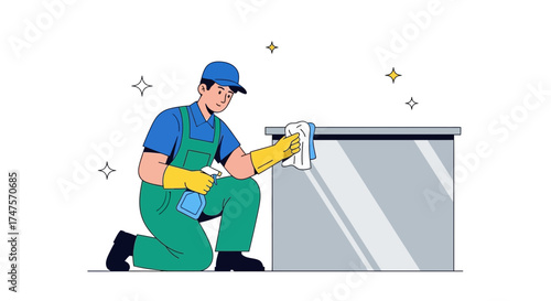 Professional Cleaner Sanitizing Surfaces on Knees Achieving Spotless Finish For Hygiene