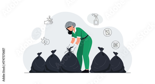 Professional Cleaning Staff Performing Waste Management and Maintain Health and Hygiene Precisely