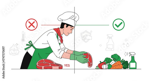 Proper Food Handling Practices with Chef and Vegetables in a Clean Environment