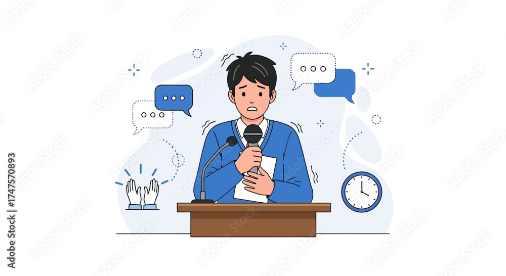 Fototapeta premium Public Speaking Apprehension: A Young Man Faces His Fears and Delivers a Presentation