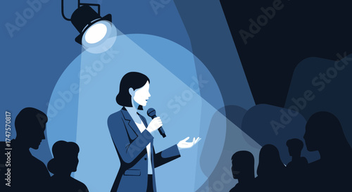 Public Speaker Delivering Presentation Under Spotlight With Audience Silhouettes Present, Sharing