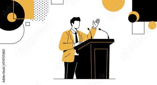 Public Speaker Giving A Speech At A Podium With Geometric Aesthetic Background