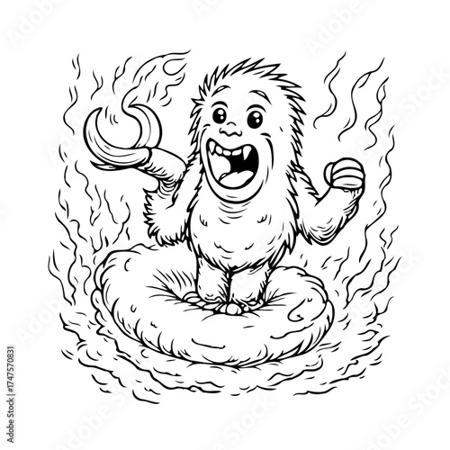 Whimsical yeti enjoying an unexpected volcanic spa day amidst swirling vapor trails a curious
