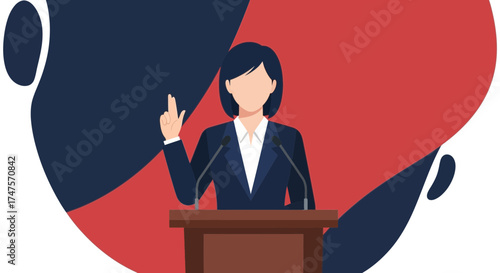 Public Speaker Presenting Her Ideas Behind A Wooden Podium With Red And Blue Background