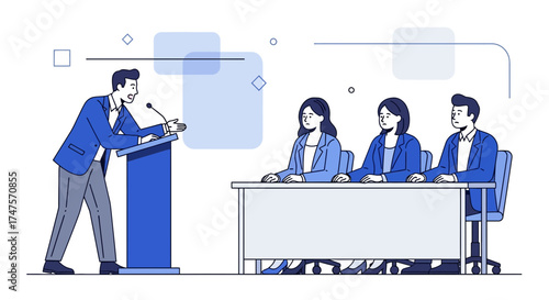 Public Speaker Presenting Ideas To A Panel of Experts In Corporate Business Environments