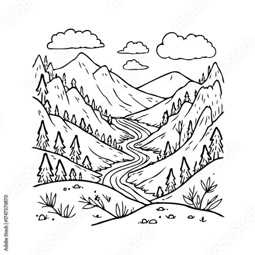 Winding river carving through mountainous terrain illustration under fluffy clouds artistic
