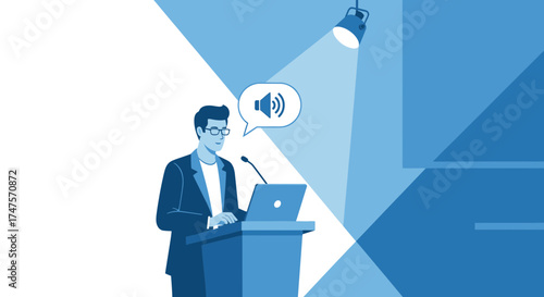 Public Speaker Presenting with Laptop and Audio Icon in Geometric Blue Design