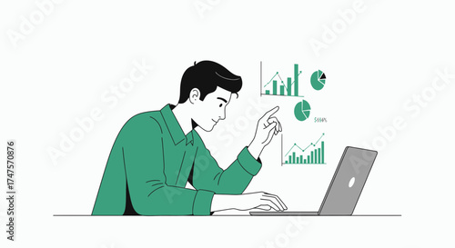 Professional Man Analyzing Charts On Laptop Illustrating Data Analytics and Financial Analysis
