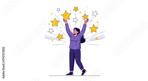 Reaching Excellence And Happiness: A Woman Celebrating Success With Starry Symbols