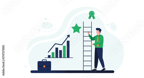 Reaching Business Goals: Illustration of a Professional Climbing to Achieve Rewards
