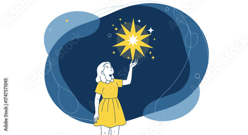 Reaching For A Shining Star: A Girl's Dream Amidst Abstract Cosmic Splendor