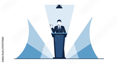 Professional Presenter Delivering a Speech on Stage With Dramatic Lighting Effects