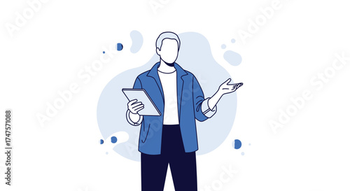 Professional Presenter Demonstrating With Device In Modern Blue Outline, Engaging Audience.