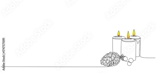 Minimalist one line drawing of three burning candles with pinecones and berries placed on the right side. The illustration features simple black outlines with yellow glowing flames on a clean white 