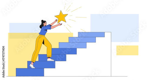Reaching For The Top: Woman Climbing Stairs To Grasp A Radiant Star, Achieving Ambitions