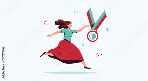 Reaching For Victory: A Woman Pursuing Achievement With A Prize And Determination