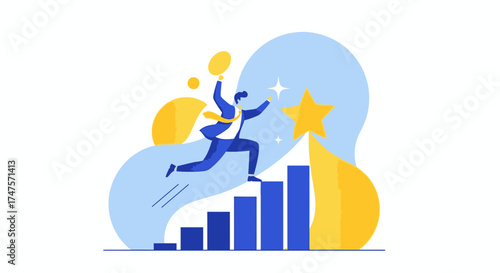 Reaching Goals: A Businessman Aims for Success, Climbing towards Starry Aspirations