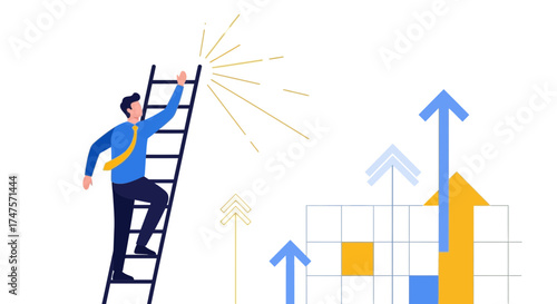 Reaching New Heights: Businessperson Climbing Ladder Towards Goals and Financial Ascension
